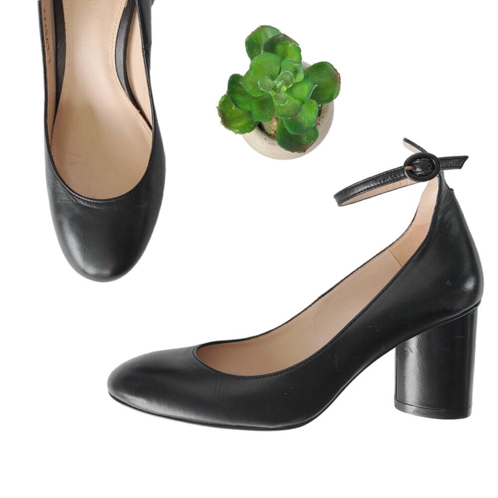 Stuart Weitzman Black Leather Ankle-Strap Block Heel Pumps